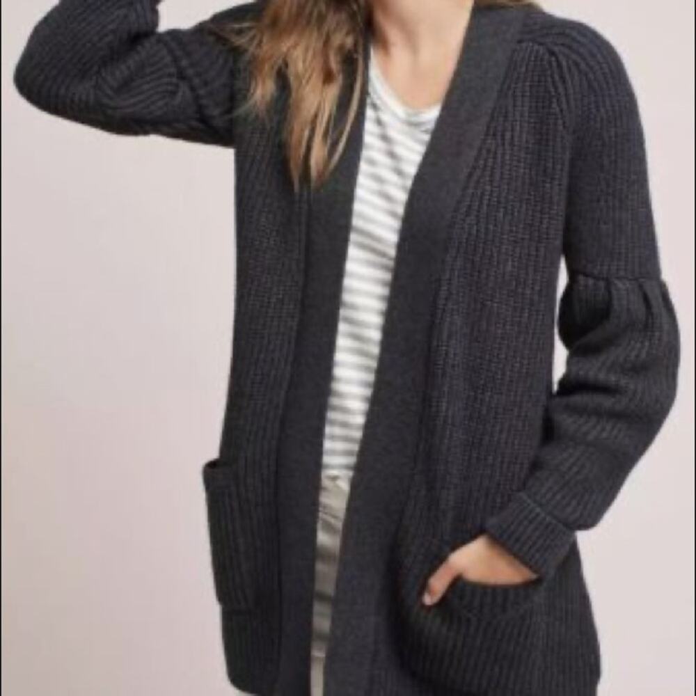 Anthropologie Knitted & Knotted Balloon Sleeve Gray Knit Cardigan Sweater XS